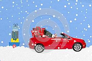 3d retro creative artwork template collage of santa claus man deliver present gift red car drive happy merry christmas