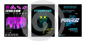 3D Retro futuristic posters template set. Techno, vaporwave, acid concept