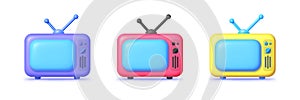 3d Retro Tv Set on White Background. Retro tv screen interface icon of multimedia or television app. Vintage vector