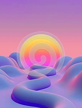 3D retro vaporwave graphics with sun and curvy rounded forms.