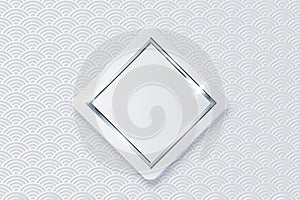 3d rhombus white button with shiny silver, chrome or steel metal square frame vector illustration. Realistic modern