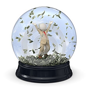 3d rich business man in snow globe - Money rain