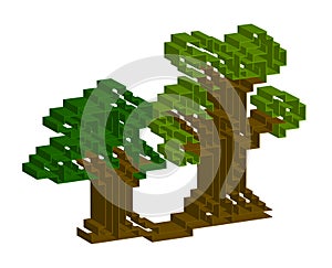 3d right-angled trees with maze inide. Retro style isometric rectangular grove with green leaves and brown trunks