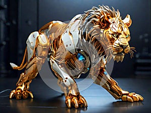3d Robot Lion made of metal, golden color close-up on a dark background