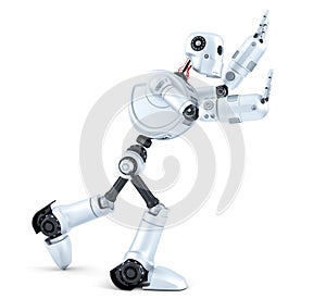 3d Robot pushing an invisible object. Isolated. Contains clipping path