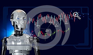 3D robotic AI helping business to process economic data to determine investment trends,business technology concept