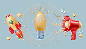 3d rocket. Electric lamp. Red megaphone. Light bulb business idea. Startup symbols. Yellow lightbulb. Loudspeaker