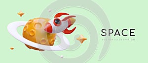 3D rocket flies around planet with asteroid belt. Journey in space. Cute illustration