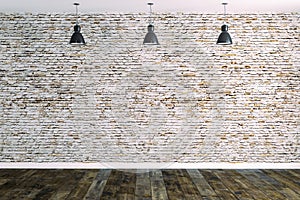 3d room with white brick wall and ceiling lamp