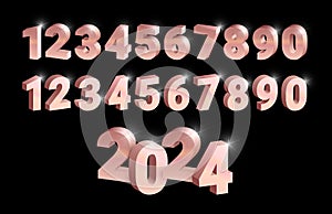 3D Rose gold shiny metal numbers set, pink golden font signs isolated on black background. Luxury fashion typography