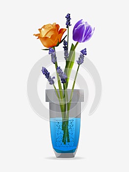 3D rose tulip and lavander glass vase on white background