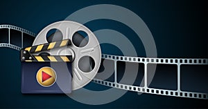 3d rotation reel, clapper board and film strip isolated on blue background. 3d icons movie equipment for film industry. Movie art