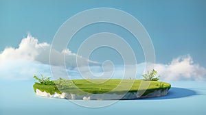 3D round grassy platform island with summer green lawn on the background of a light blue sky with clouds. 3D rendered