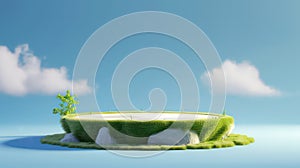 3D round grassy platform island with summer green lawn on the background of a light blue sky with clouds. 3D rendered