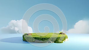 3D round grassy platform island with summer green lawn on the background of a light blue sky with clouds. 3D rendered