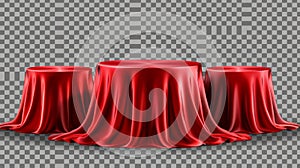 3D round podiums covered with red silk cloth isolated on transparent background. Modern realistic illustration golden