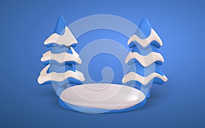 3d round scene with white snow and christmas tree. Xmas or New Year`s banner or poster. Vector illustration