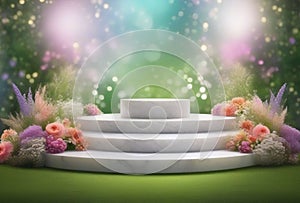 3D Round Wooden Podium Stage for Products with Flower Garden