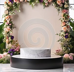 3D Round Wooden Podium Stage for Products with Flower Garden