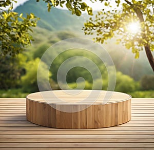 3D Round Wooden Podium Stage for Products with Flower Garden