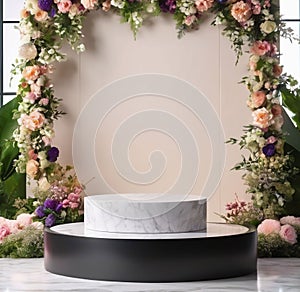 3D Round Wooden Podium Stage for Products with Flower Garden