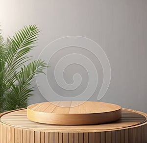 3D Round Wooden Podium Stage for Products with Flower Garden