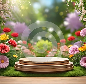 3D Round Wooden Podium Stage for Products with Flower Garden