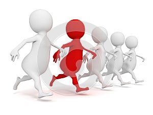 3d running human group with one red individual leader