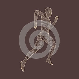 3d Running Man. Human Body Wire Model. Sport Symbol. Low-poly Man in Motion. Vector Geometric Illustration