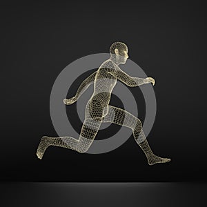 3d Running Man. Human Body Wire Model. Sport Symbol. Low-poly Man in Motion. Vector Illustration.