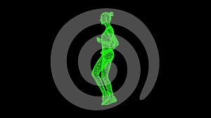 3D Running Woman on black bg. Sports Fitness concept. Healthy lifestyle. Business advertising backdrop. For title, text