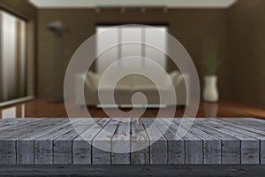 3D rustic wooden table with defocussed lounge in background