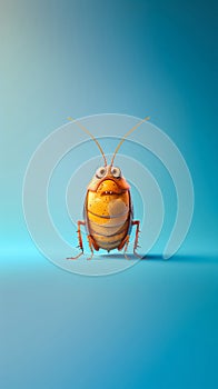 3d sad yellow cockroach isolated on blue background