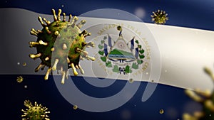 3D, Salvadorean flag waving with Coronavirus outbreak. Salvador Covid 19