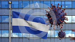3D, Salvadorean flag waving with Coronavirus outbreak. Salvador Covid 19