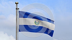 3D, Salvadorean flag waving on wind. Close up Salvador banner blowing soft silk