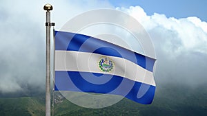 3D, Salvadorean flag waving on wind. Close up Salvador banner blowing soft silk