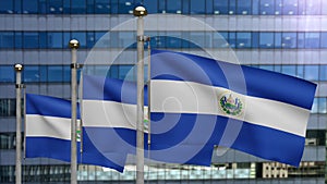 3D, Salvadorean flag waving on wind. Salvador banner blowing soft silk.