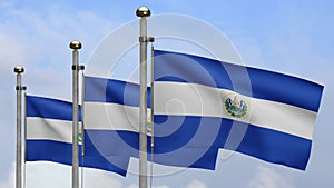 3D, Salvadorean flag waving on wind. Salvador banner blowing soft silk.