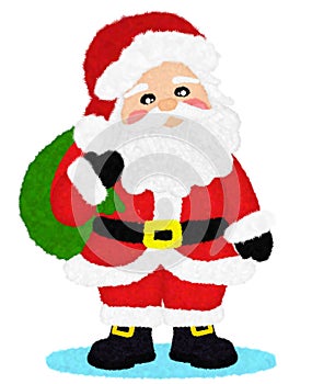 3D â€œSanta Claus Cartoon Character design by wool fur feather brush, decorative with Red Christmas hat,  and green gift bag.