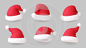 3d santa hats. Christmas hat realistic, modern xmas party red head accessories. New year symbol, winter render caps