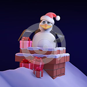 3d Santa penguin takes gifts down the chimney