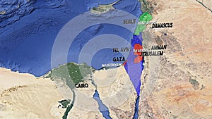 A 3D satellite animated map highlighting Lebanon in green, Palestinian Territories in Red, and Israel in Blue.