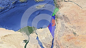 A 3D satellite animated map that highlights Lebanon, Palestinian Territories (Gaza and West Bank), and Israel. No text.