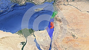 A 3D satellite map that highlights Lebanon, Palestinian Territories (Gaza and West Bank), and Israel. No text.