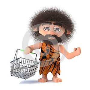 3d Savage caveman goes shopping with his basket