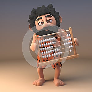 3d savage caveman in pelt holding prehistoric abacus, 3d illustration