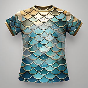 3d Scales T-shirt With Dark Gold And Light Blue Design