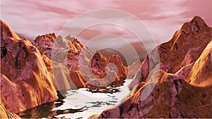 3d scene design of mountains and river, canyon. Beautiful landscape with mountain views at sunset