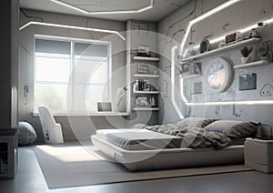 A 3D sci-fi bedroom. Very nice, clean lines characterize the interior of the living room.